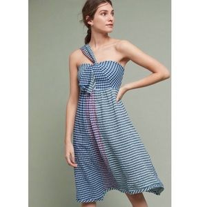 Maeve for Anthropologie womens 4 green blue gingham one shoulder waverly dress